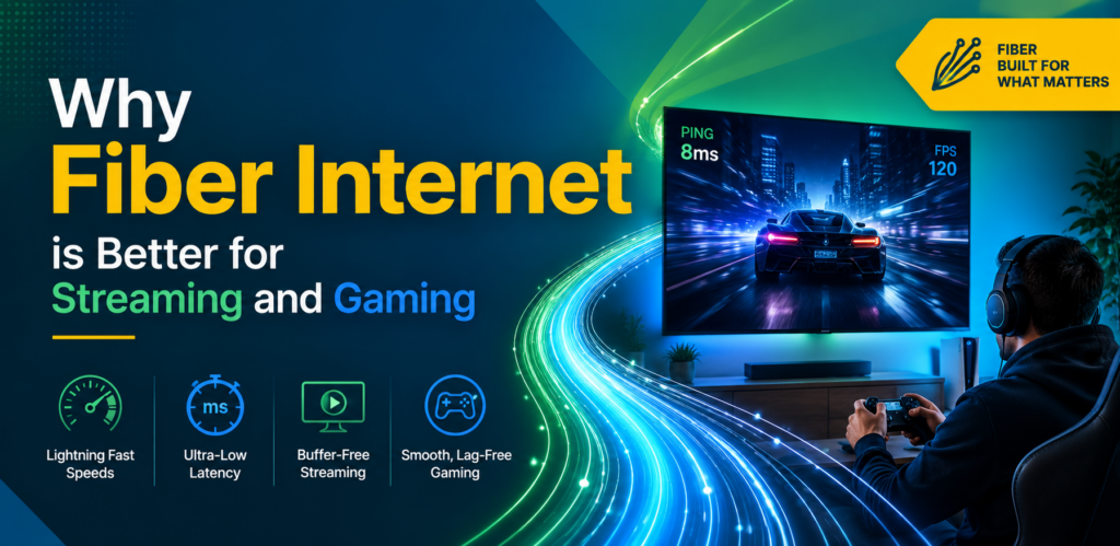 Modern graphic about fiber internet for streaming and gaming with a gamer, glowing internet lines, and bold tech-themed text.